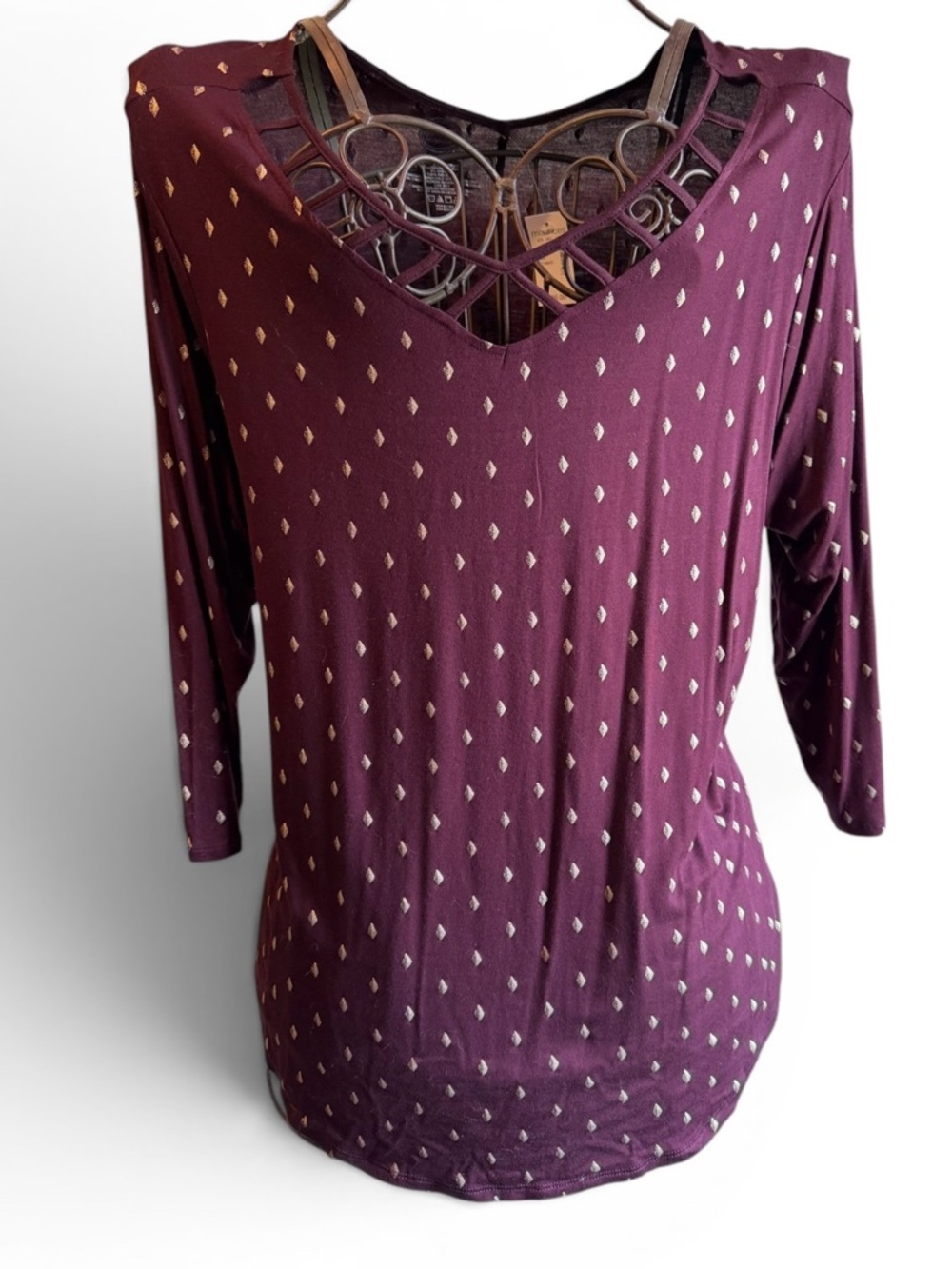 Maurices Plum Long Sleeve Top with Metallic Diamond Accents - SIZE 1 NWT